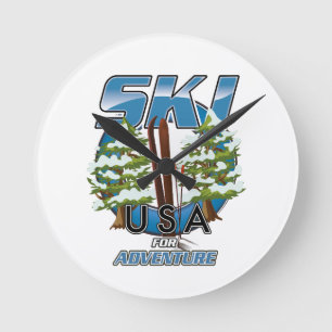 Horloge Ronde Ski USA Pour aventure logo.