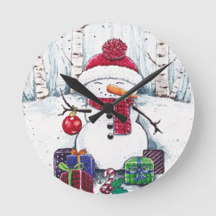 Horloge Ronde Snowman Avec Cadeaux En Aquarelle Carré Cloc
