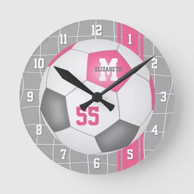 Horloge Ronde soccer personnalisé rose girly (Recto)