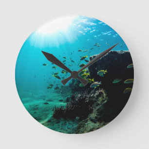 Horloge Ronde Soleil et poissons tropicaux