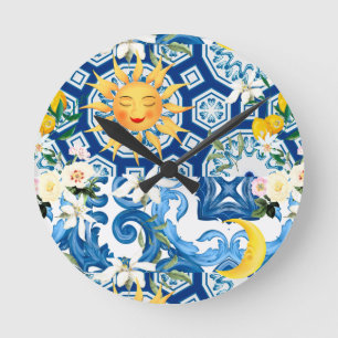 Horloge Ronde soleil méditerranéen, fleurs, citron, moitié lune,