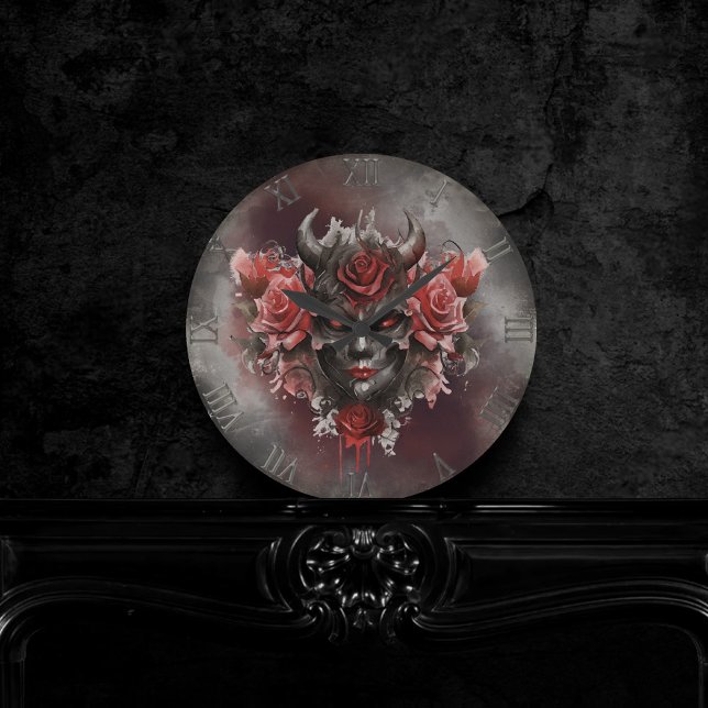 Horloge Ronde sorcellerie | Démon à cornes foncées avec yeux rou (Créateur téléchargé)