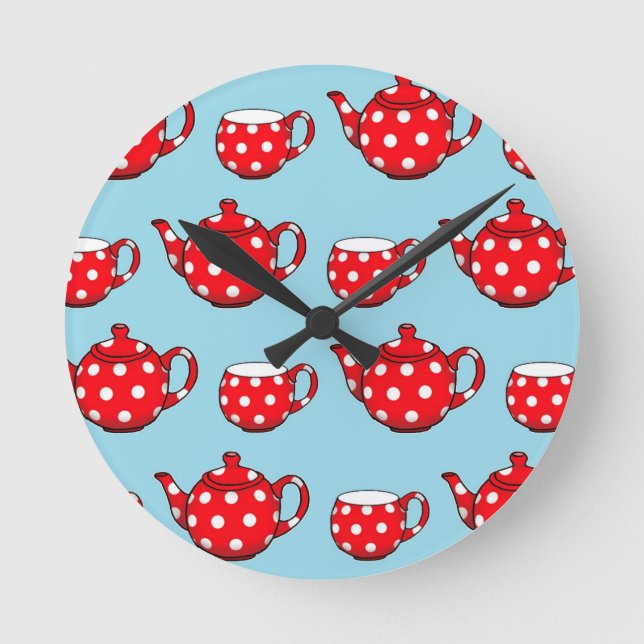 Horloge Ronde Spotty Red Teapot et tasses Motif bleu (Recto)