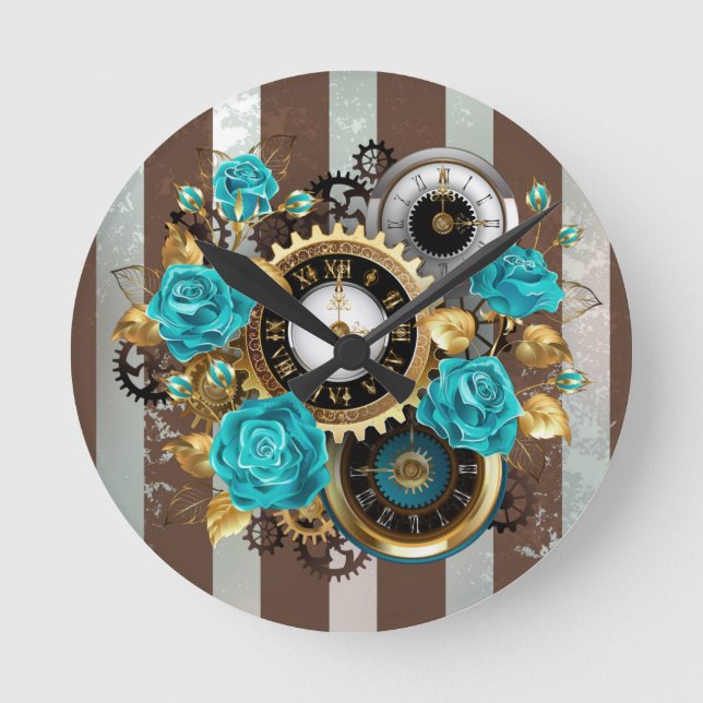 Horloge Ronde Steampunk Clock and Turquoise Roses on Striped (Recto)