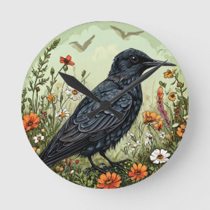 Horloge Ronde Sterne noire oiseau parmi les fleurs épanouies