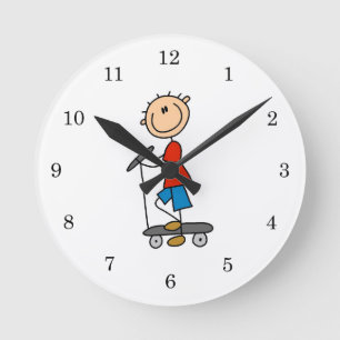 Horloge Ronde Stick Figure Boy sur Scooter