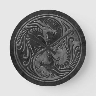 Horloge Ronde Stone Yin Yang Dragons