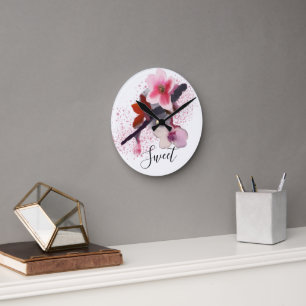 Horloge Ronde "SUCRE" Élégante Fleur de cerisier rose chic
