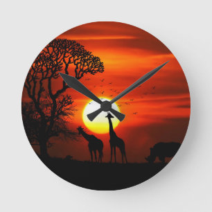 Horloge Ronde Sunset orange en Africa w Giraffe silhouette