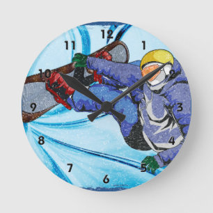 Horloge Ronde Surfeur dans la tempête de neige énervée