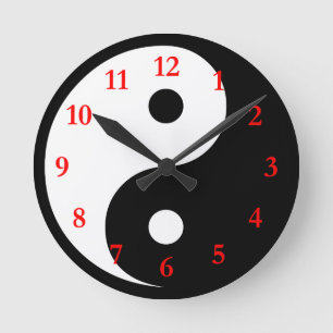 Horloge Ronde Symbole blanc noir Yin Yang avec des nombres rouge