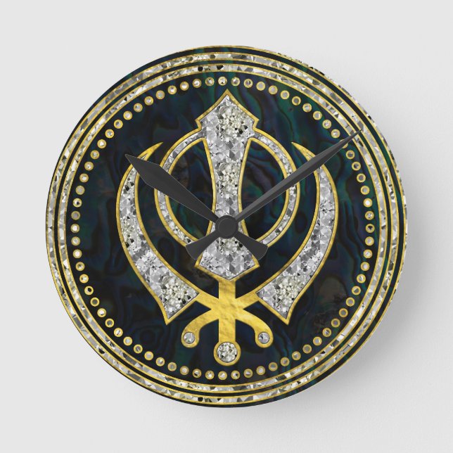 Horloge Ronde Symbole Khanda décoratif avec pierres & or (Recto)