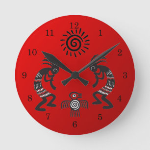 Horloge Ronde Symbole Kokopelli avec le soleil natif et l'oiseau