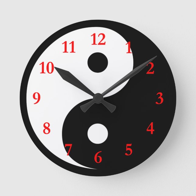 Horloge Ronde Symbole Yin Yang noir blanc avec chiffres rouges (Recto)