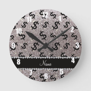 Horloge Ronde Symboles dollar argentés nommés personnalisés de