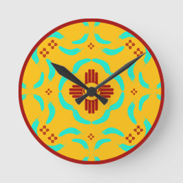 Horloge Ronde Symboles Red Zia Nouveau-Mexique Plumes turquoise