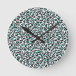 Horloge Ronde Taches bleues Turquoise Rose Fausse Peau de Léopar