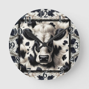 Horloge Ronde Taches de vache noir et blanc pelucheux