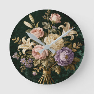 Horloge Ronde Tapisserie de bouquet de roses de style antique