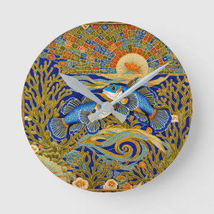Horloge Ronde Tapisserie Style Rétro Poisson Mandarin Bleu