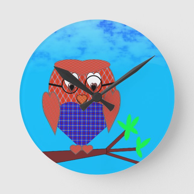Horloge Ronde Tartan et Chouette des Coeurs (Recto)