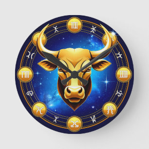 Horloge Ronde Taureau doré dans un cercle du zodiaque cosmique