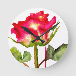 Horloge Ronde Tea hybride Rose aquarelle moderne fleurie art