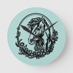 Horloge Ronde Tête de cheval avec des fleurs