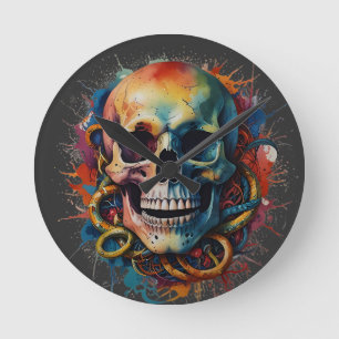 Horloge Ronde Tête de crâne avec pointes de peinture multicolore