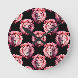 Horloge Ronde Tête de lion rose motif animal design - Noir