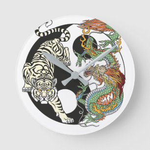 Horloge Ronde Tigre blanc contre dragon vert au Yin yang