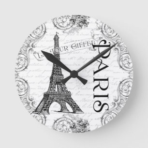 Horloge Ronde Tour Eiffel en noir et blanc