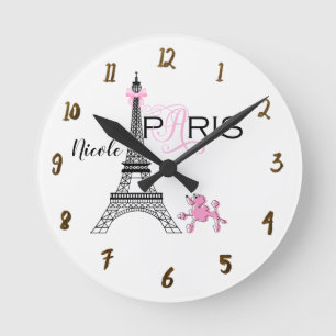 Horloge Ronde Tour Eiffel Paris Chien Caniche Rose Chic Personna