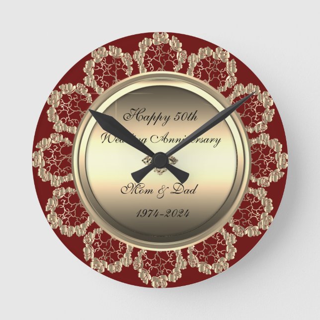 Horloge Ronde Tourbillons Floraux Dorés  Rouge 50e Anniversaire  (Recto)