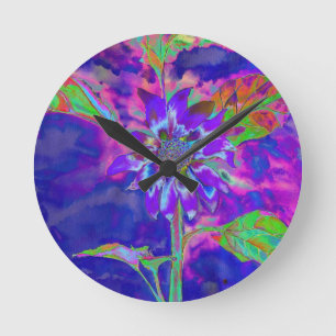 Horloge Ronde Tournesol bleu Abstrait   retro funky