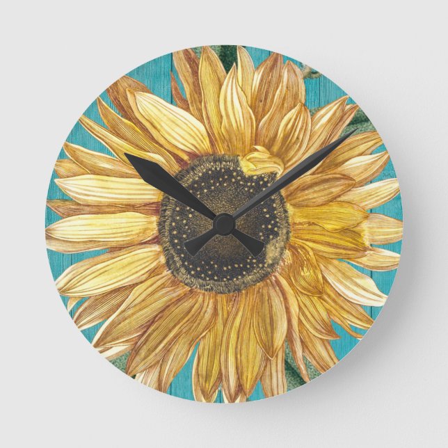 Horloge Ronde Tournesol rustique Turquoise Bleu Grange Bois Pays (Recto)