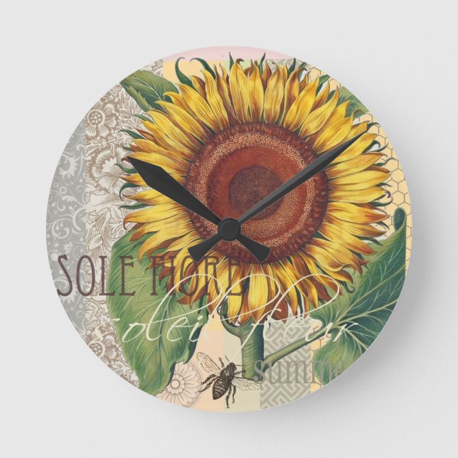 Horloge Ronde Tournesol Vintage Damas Fleur Motif Art (Recto)