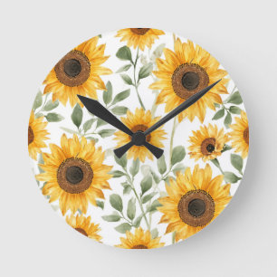 Horloge Ronde Tournesols jaunes Peinture de fleurs à l'aquarelle