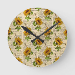 Horloge Ronde Tournesols Libellules Ancien Journal Style Campagn