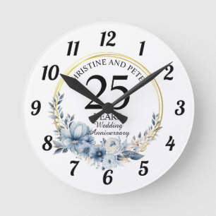 Horloge Ronde Toute élégante mariage bleu floral anniversaire