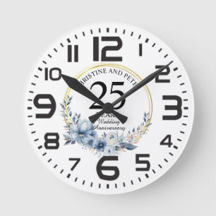 Horloge Ronde Toute élégante mariage bleu floral anniversaire de