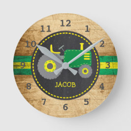 Horloge Ronde Tracteur vert rustique Faux Wood