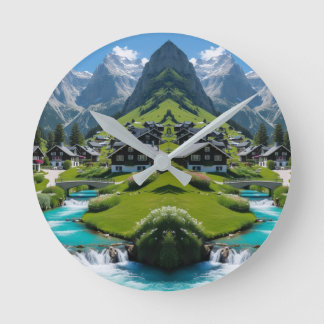 Horloge Ronde "Tranquillité Intemporelle – Village Alpin