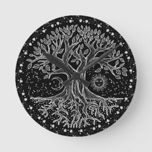 Horloge Ronde Tree of Life - black and white