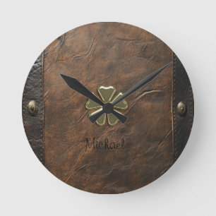 Horloge Ronde Trèfle doré Saint-Patrick, Cuir marron