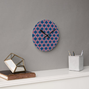 Horloge Ronde Trellis marocain bleu et rouge, treillis, Quatrefo