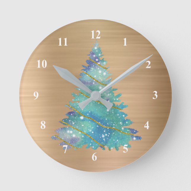 Horloge Ronde Trendy Gold Teal Glitter Tree (Recto)