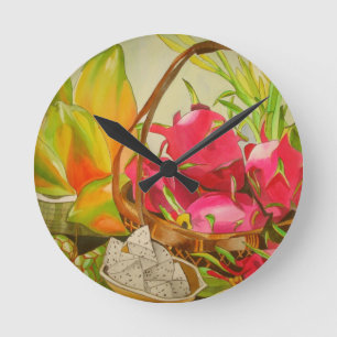 Horloge Ronde Tropical fruit watercolor still life art painting