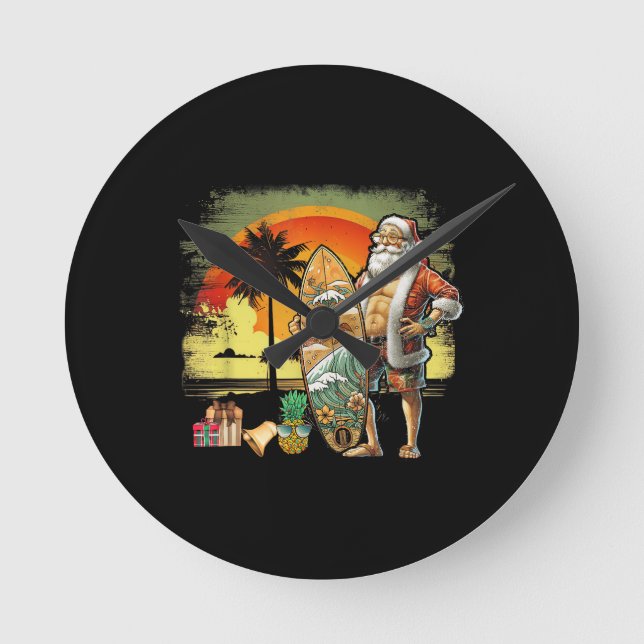 Horloge Ronde Tropical Summer Surfing Santa Claus 6 Pack Christm (Recto)