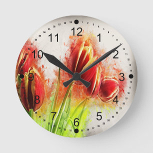 Horloge Ronde Tulipes florales rouges jaunes éclaboussées à l'aq